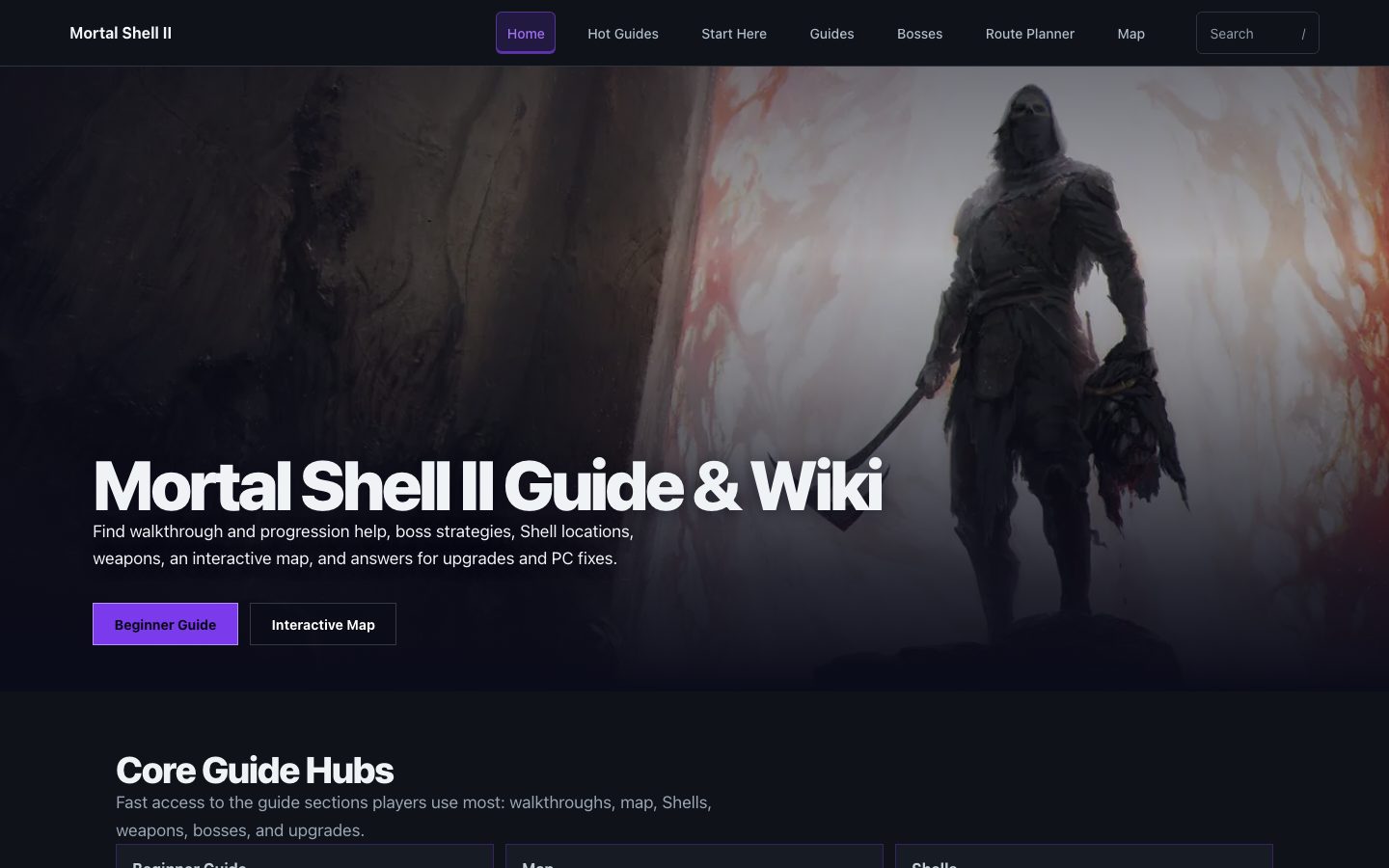 游戏攻略站示例：Mortal Shell II Guide & Wiki 首页